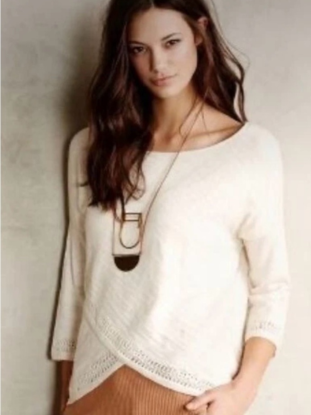 Moth Anthropologie Cream Crossed Pointelle Pullover Medium Lightweight Sweater